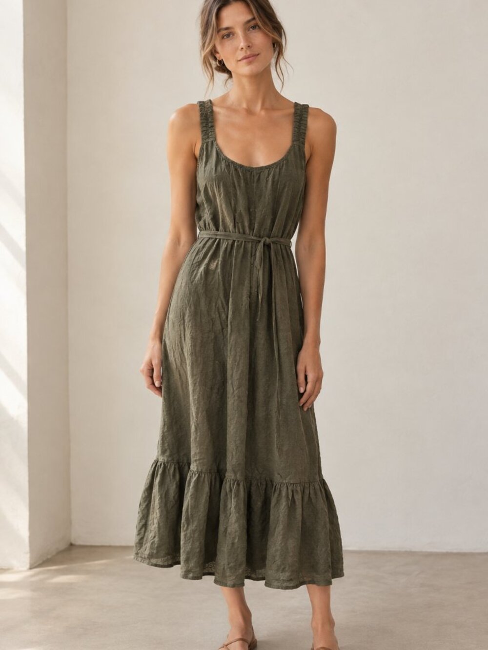 VELVET BY GRAHAM & SPENCER Elara Olive Green Linen Dress Sz M